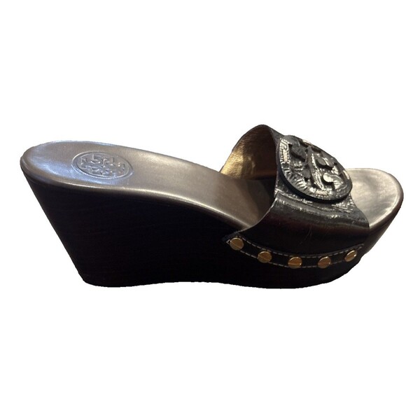 Tory Burch Women's Patty Size 6.5 M Brown Patent Leather Platform Mule Wedge - Picture 1 of 8